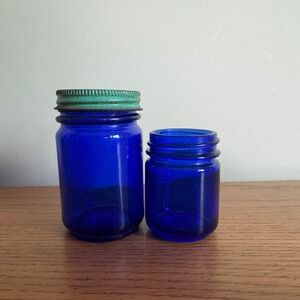 Vintage Vicks VapoRub Cobalt‎ Blue Glass Jars Set of 2 with Metal Lid